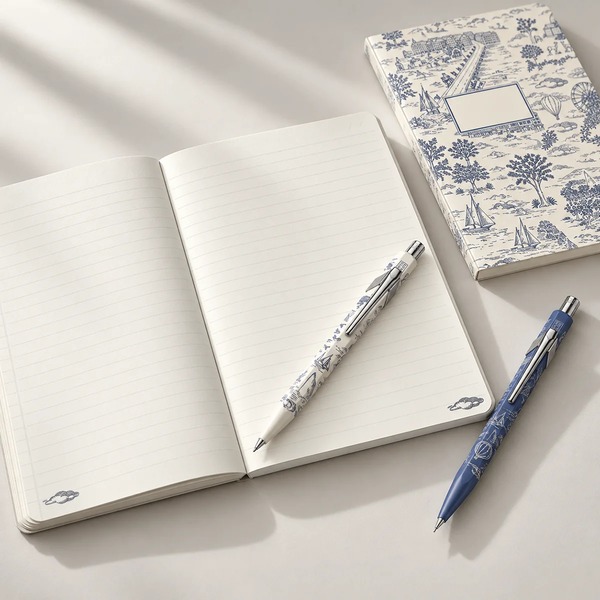 Caran d'Ache Toile de Jouy White Blue writing instruments with Geneva illustrations on an open notebook