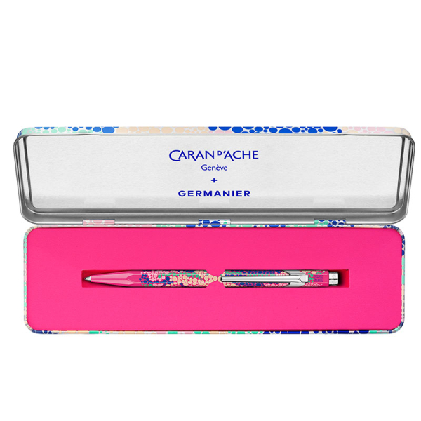 caran d Ache 849 ballpoint desgined by kevin Germanier, neonpink, pearl patternr, giftbox open