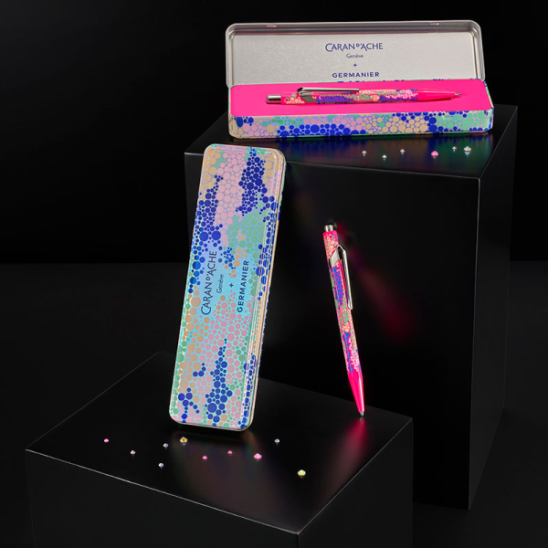 caran d Ache 849 ballpoint desgined by kevin Germanier, neonpink, pearl pattern, style