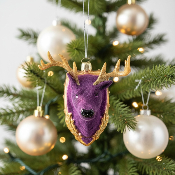 Christborn Christmas tree ornament stag head purple on fir branch