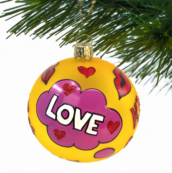 Christborn Weihnachtsanhänger, Kugel Pop Art Love gelb, rot pink bemalt, Love, Kiss, style
