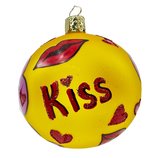 Christborn Weihnachtsanhänger, Kugel Pop Art Love gelb, rot pink bemalt, Love, Kiss, side