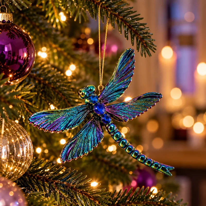 Schillernder Christmas Inspirations Libellenanhänger Dragonfly an einem beleuchteten Weihnachtsbaum mit violetten und goldenen Christbaumkugeln, inszenierte Weihnachtsszene