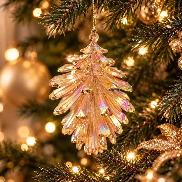 Christmas Inspirations Zapfen apricot als moderner Weihnachtsbaumschmuck am Tannenbaum, Hintergrund KI-generiert