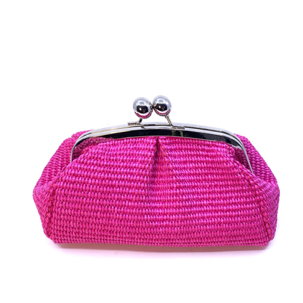 Pouch Clutch, Raffiabast, pink, mit Bügelverschluss