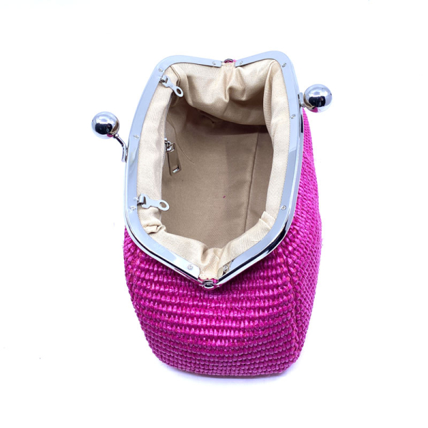 Pouch Clutch, Raffiabast, pink, Bügelverschluss, offen