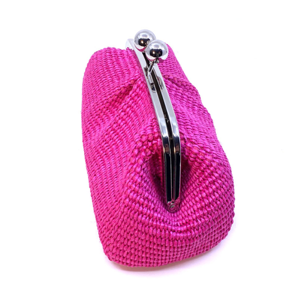 Pouch Clutch, Raffiabast, pink, Bügelverschluss, seitlich