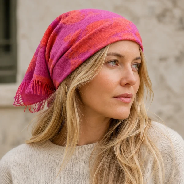 Frau trägt Cute Stuff Dahlia Wild Berry Cashmere Bandana als Kopftuch, KI-Visualisierung