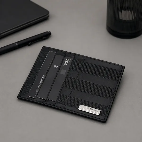 S.T. Dupont Kartenetui James Bond 007 mit Karten auf einem Schreibtisch mit Stift und Notizbuch, Trixi Gronau, KI-Visualisierung