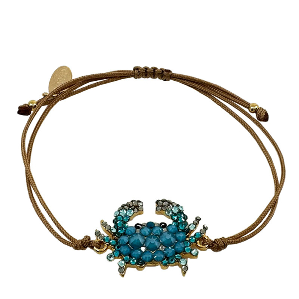 Ekaterini friendship bracelet, Baby Crab,turquoise Swarovski crystals brown cord and with gold accents