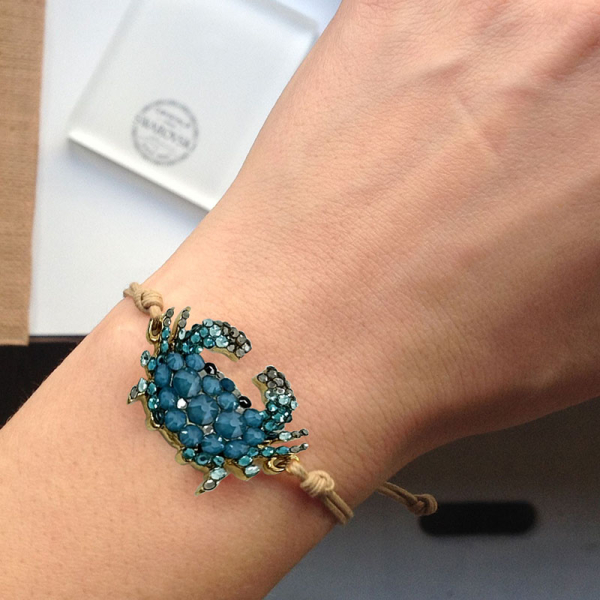 Ekaterini friendship bracelet, Baby Crab,turquoise Swarovski crystals brown cord and with gold accents, style