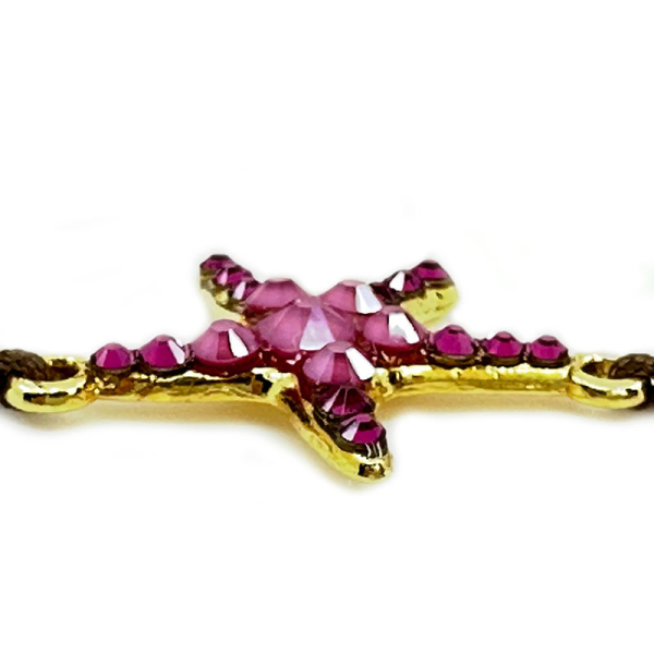 Ekaterini friendship bracelet, starfish, pink Swarovski crystals brown cord and with gold accents, detail