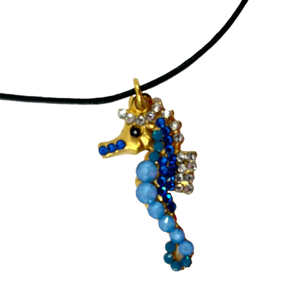 Ekaterini necklace, seahorse, pink Swarovski crystals brown cord and with gold accents, side