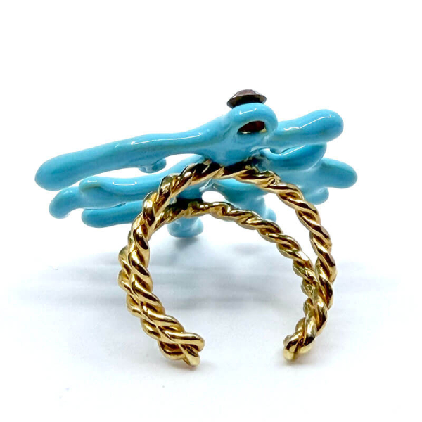 Ekaterini Ring Oceania Koralle in tuerkis mit Kristal in braun-gold verziert, back