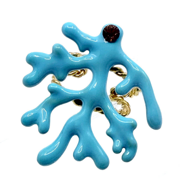 Ekaterini Ring Oceania Koralle in tuerkis mit Kristal in braun-gold verziert, front