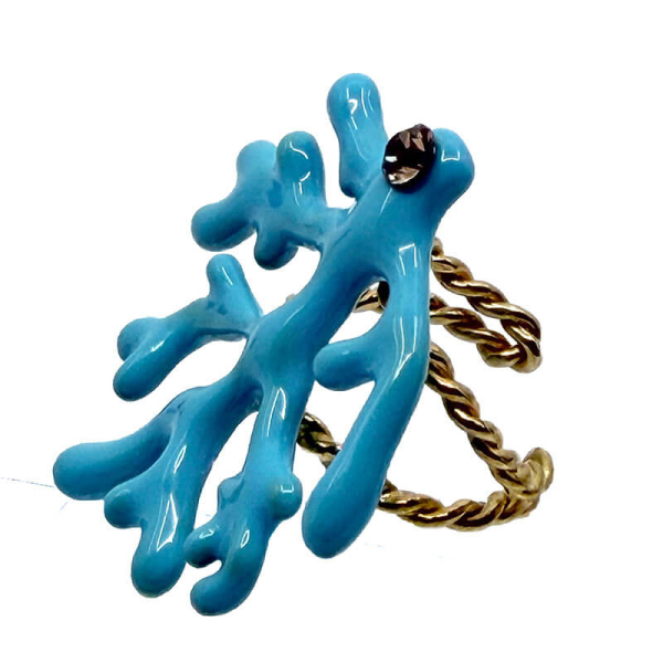 Ekaterini Ring Oceania Koralle in tuerkis mit Kristal in braun-gold verziert, side