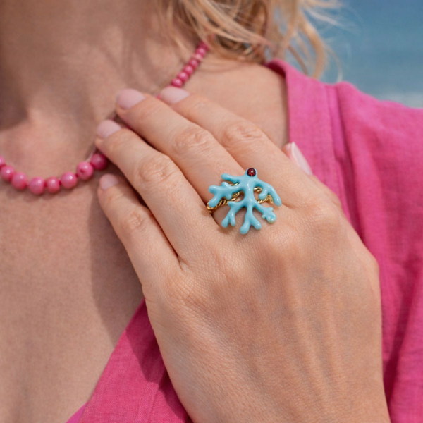 Ekaterini Ring Oceania Koralle in tuerkis mit Kristal in braun-gold verziert, style