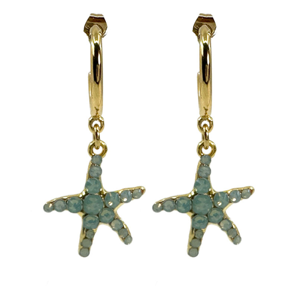 Ekaterini Ohrringe Starfish, Seestern, hellblaue Swarovski Kristalle an brauner Kordel und goldenen Akzenten