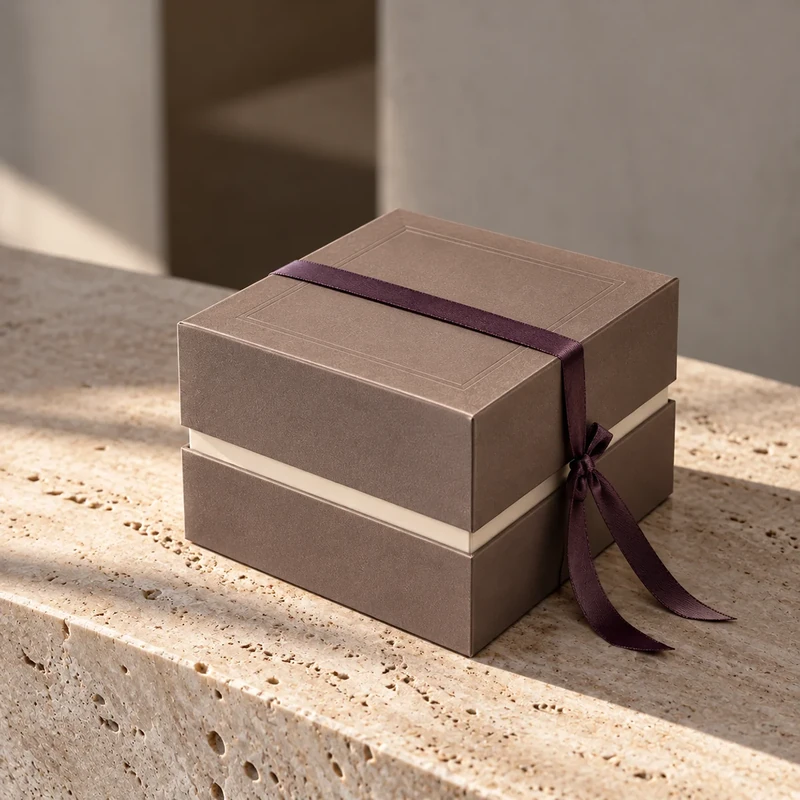 Embacollage MOKKA Geschenkbox mit Rahmenprägung und auberginefarbenem Geschenkband auf hellem Natursteintisch, elegante Geschenkverpackung