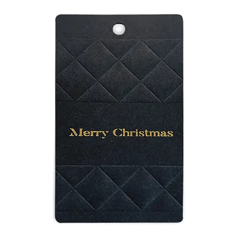 Embacollage DIAMANT 3D Geschenkanhänger in Schwarz mit geprägtem Rautenmuster, goldfarbenem Merry Christmas Schriftzug und Lochung, 55 × 90 mm