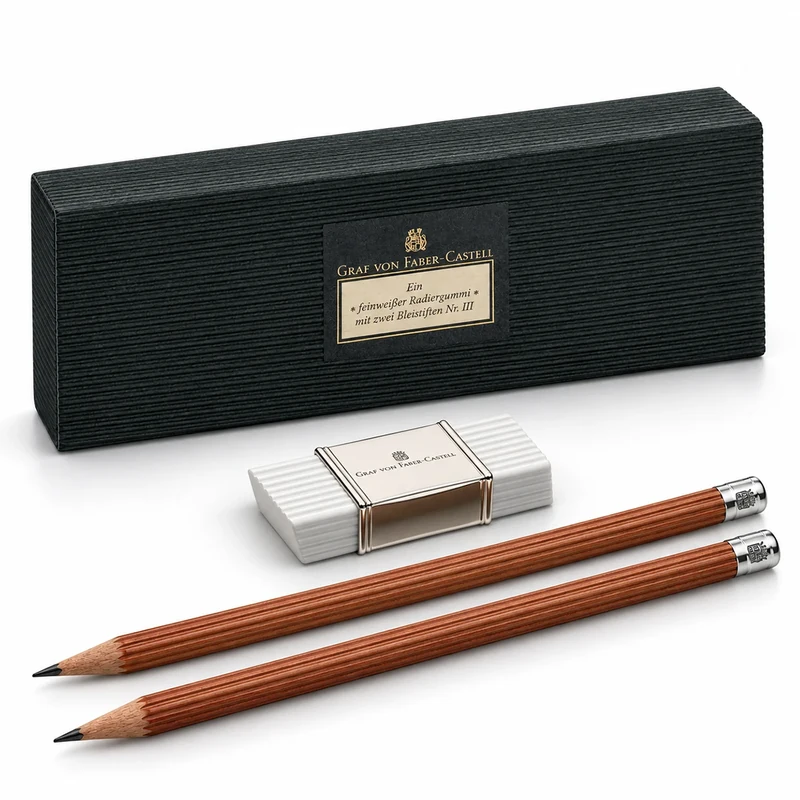 Graf von Faber-Castell Schreibset mit zwei kannelierten Zedernholzbleistiften Nr. III, feinweißem Radiergummi mit versilberter Manschette und grüner Verpackung