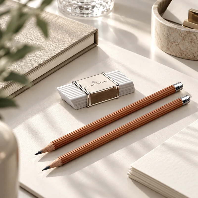Graf von Faber-Castell Schreibset mit weißem Radiergummi, versilberter Manschette und zwei Zedernholzbleistiften auf hellem Schreibtisch, KI-gestaltete Szene