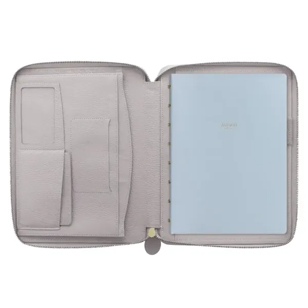 Filofax Classic Stitch Schreibmappe A5 geöffnet mit Kartenfächern, Stiftschlaufe und Notizblock