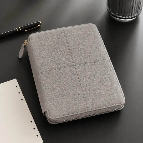 Filofax Classic Stitch Schreibmappe A5 in Grau auf dunklem Schreibtisch, KI-Visualisierung