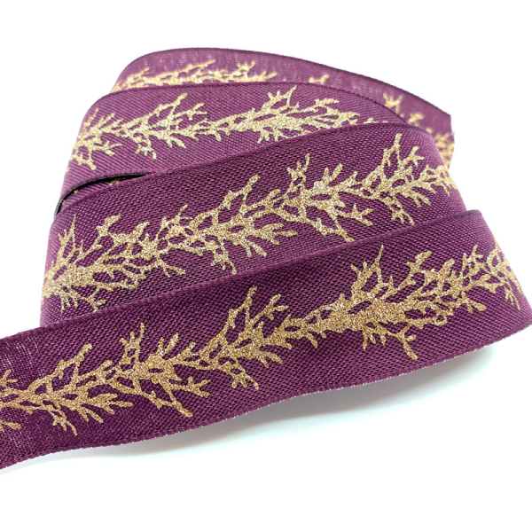 Geschenkband, roselila mit Druck Glitter gold Motiv Winter Zweig, 25 mm breit, gewebte Kante