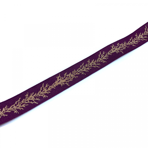 Geschenkband, roselila mit Druck Glitter gold Motiv Winter Zweig, 25 mm breit, gewebte Kante, detail