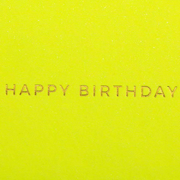 Gmund Glückwunsckarte Little color notes A7, Happy Birthday , neon gelbt, Heissfolienprägung gold, detail