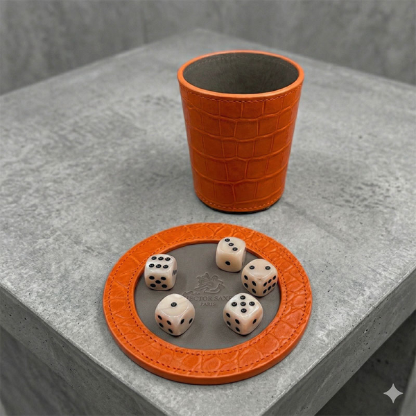 Hector Saxe LEATHER DICE CUP in orange and dices, style detail