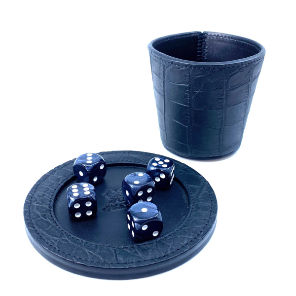 Hector Saxe LEATHER DICE CUP with base in black and dices, Trixi Gronau