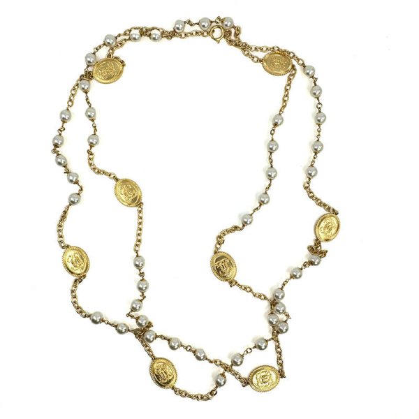 Interdee, halskette lang, coco, weihe Perlen , goldene florale Medillons, fromt 1