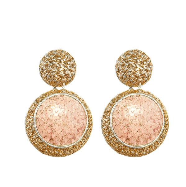 KMO Earstud Drop Snakskin leather pink, accent kamelitte cream, front