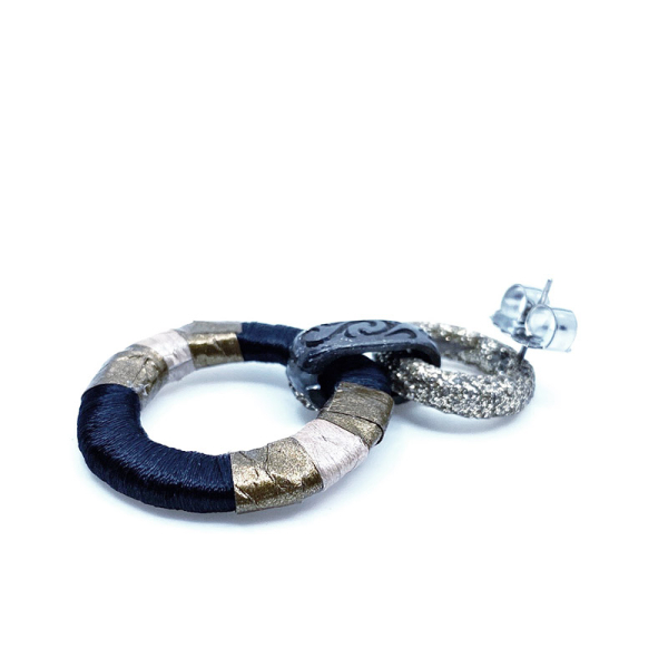 KMO Earstud France silk black, Snakskin leather gold-beige, accent camelite, back