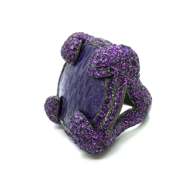 KMO, cocktailring, Dream; silver powder, purple, side