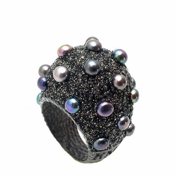 KMO 270056 Black Pearls Dome Ring, black, with kamelite stone, Pearls in different colours, top