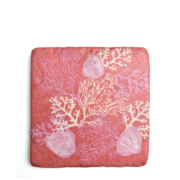Travertin Untersetzer Corail, Koralle und Muscheln pink, rot 10x10cm