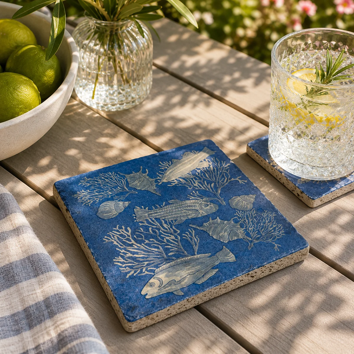 Travertine Coaster Fond Marin Seabed 20 x 20 cm by Trixi Gronau, style