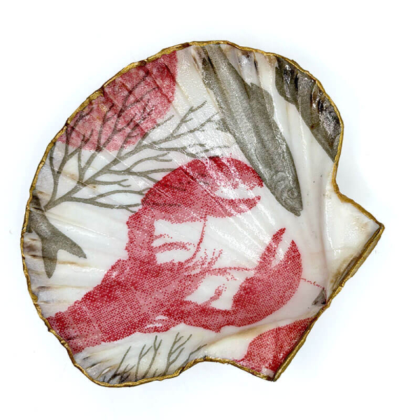Objekt Muschelschale Jakobschmuschl bedruckt mit Lobster Rand vergoldet, front