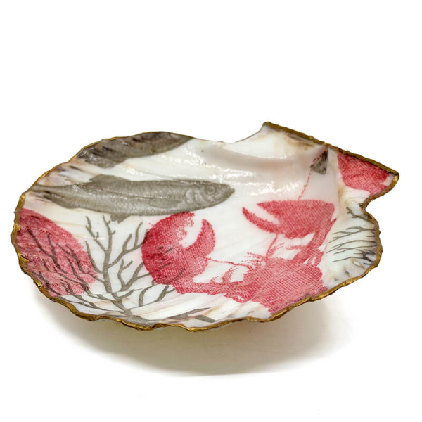 Objekt Muschelschale Jakobschmuschl bedruckt mit Lobster Rand vergoldet