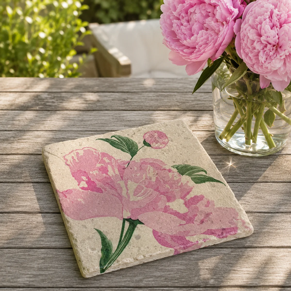 Travertin Untersetzer Pivoine Pfingstrose 20 x 20 cm von Trixi Gronau, style