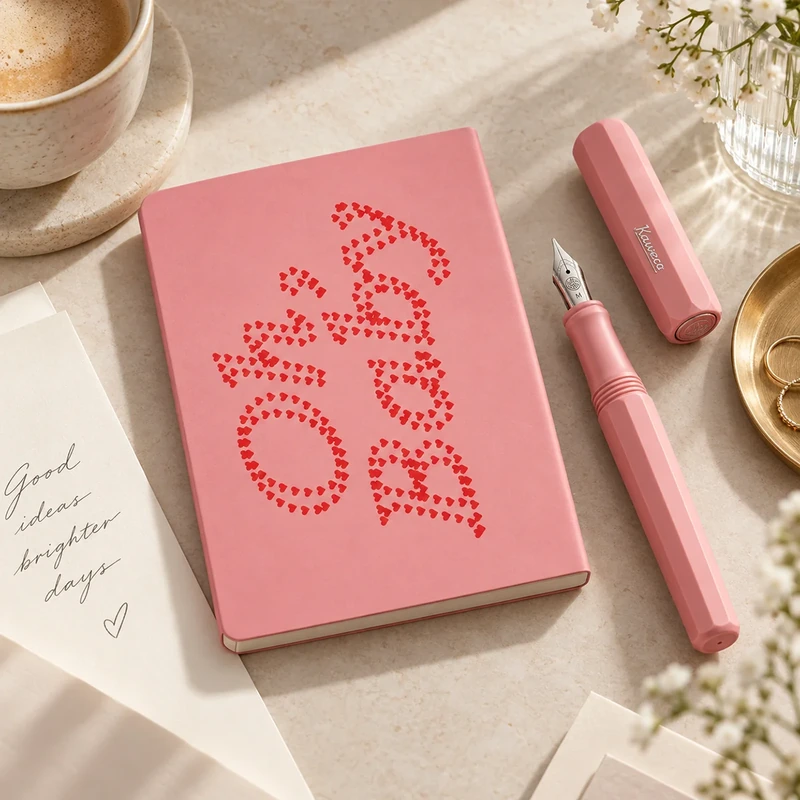 Kaweco Füllhalter PERKEO Peony Blossom mit passendem rosafarbenem Notizbuch auf hellem Schreibtisch, romantisch und hochwertig inszeniert