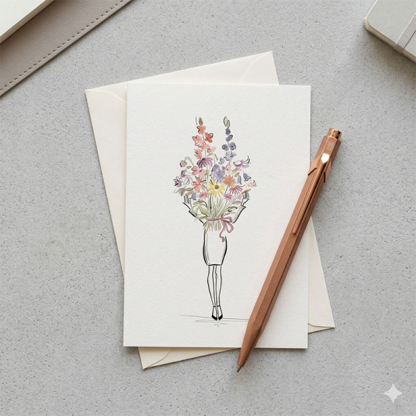 Kera Till Grusskarte, Blumenstrauss mit Frau mit Briefumschlag, style