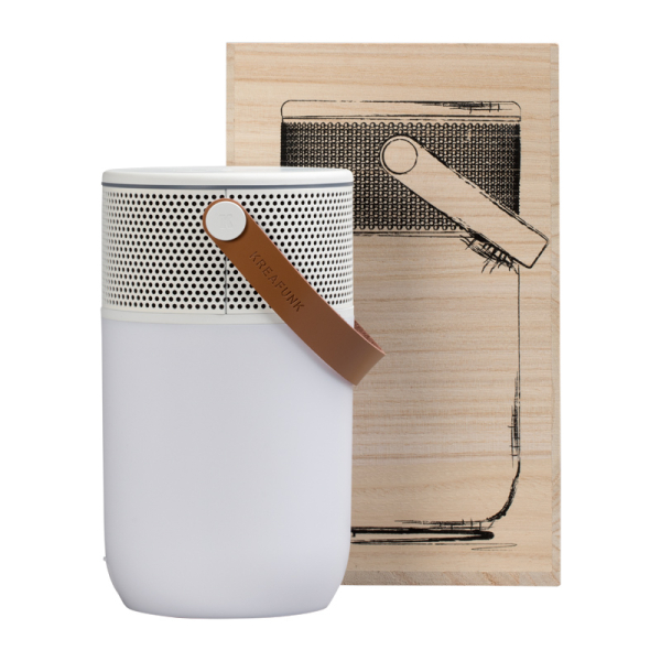 Kreafunk, aGLOW bluetooth Speaker, lamp and Powerbank in white, wooden box