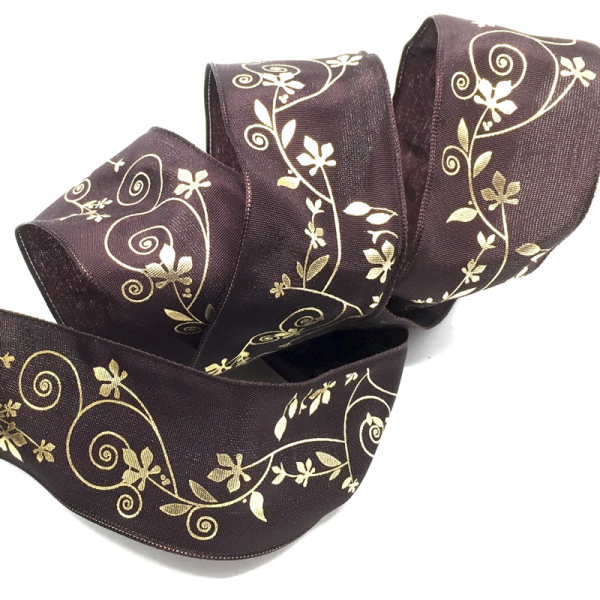 Geschenkband, Band, satin, 38 mm, braun bedruckt floral in gold