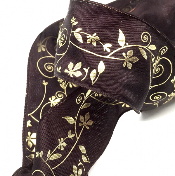 Geschenkband, Band, satin, 38 mm, braun bedruckt floral in gold, detail