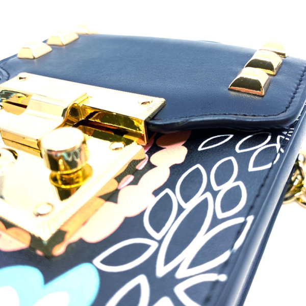 Crossbody-Saddelbag, Leder blau, Gurt verstellbar schwarz weiß,, rückseite