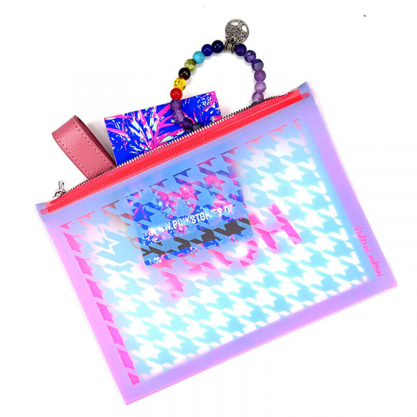 Lightree Pouch Hope, neon pink, Hahnentrittmuster blau, Zipp Verschluss, Rueckseite